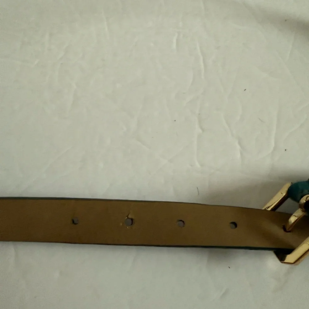 Teal Leather Belt with Gold Buckle and Textured Design